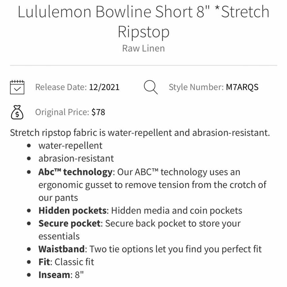 Lululemon Bowline Short Stretch Ripstop 8" in Raw Linen Size L - Picture 7 of 7